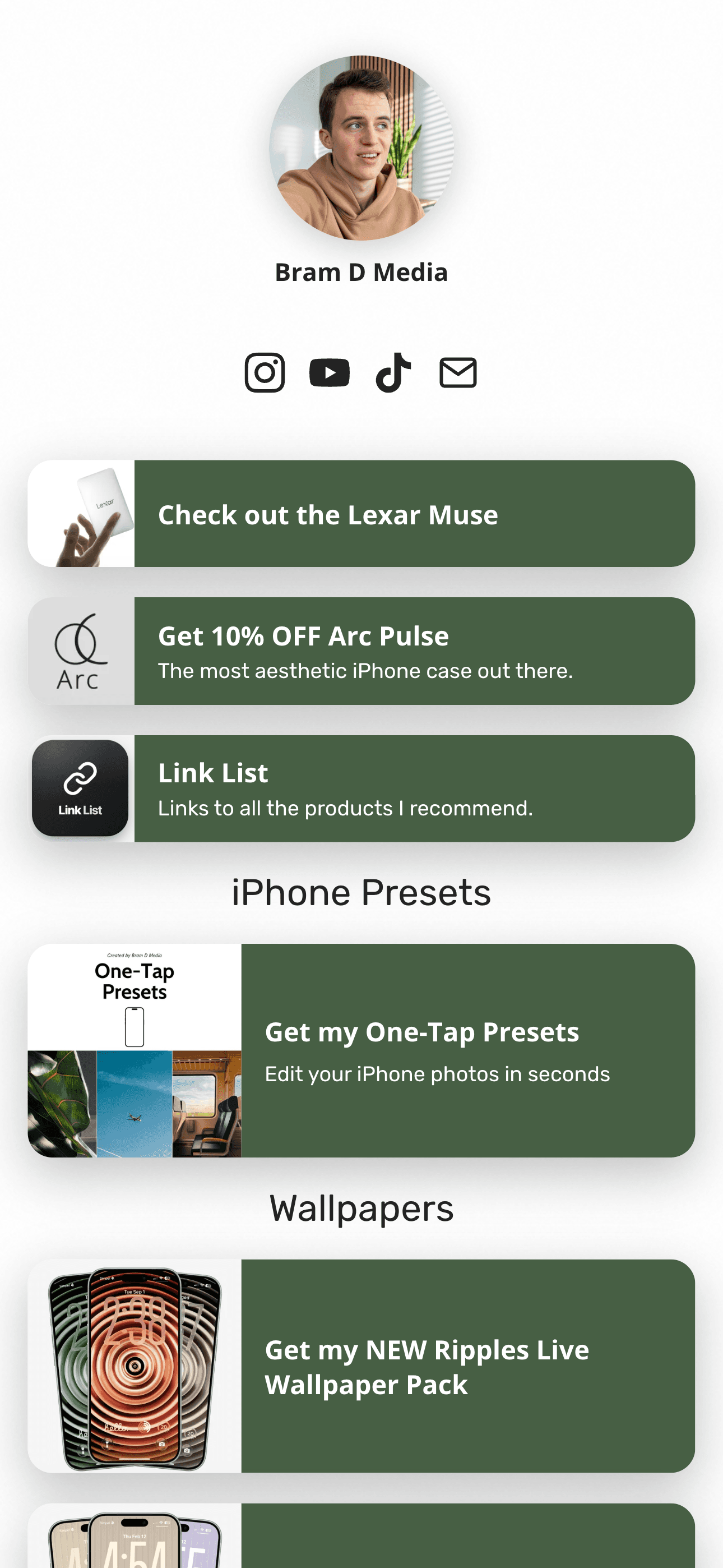 A creator page for a tech reviewer selling presets and wallpapers