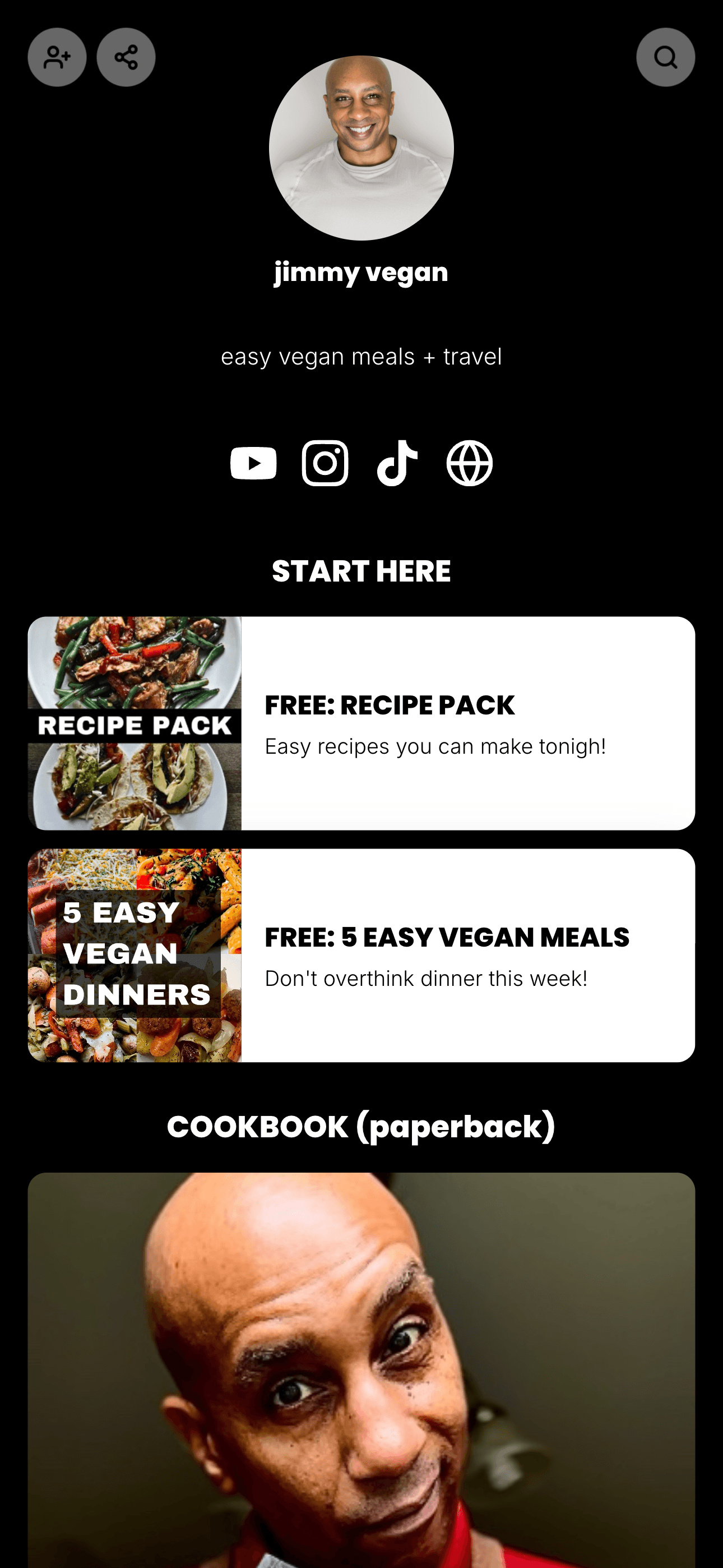 A creator page for a vegan cook offering free recipe packs