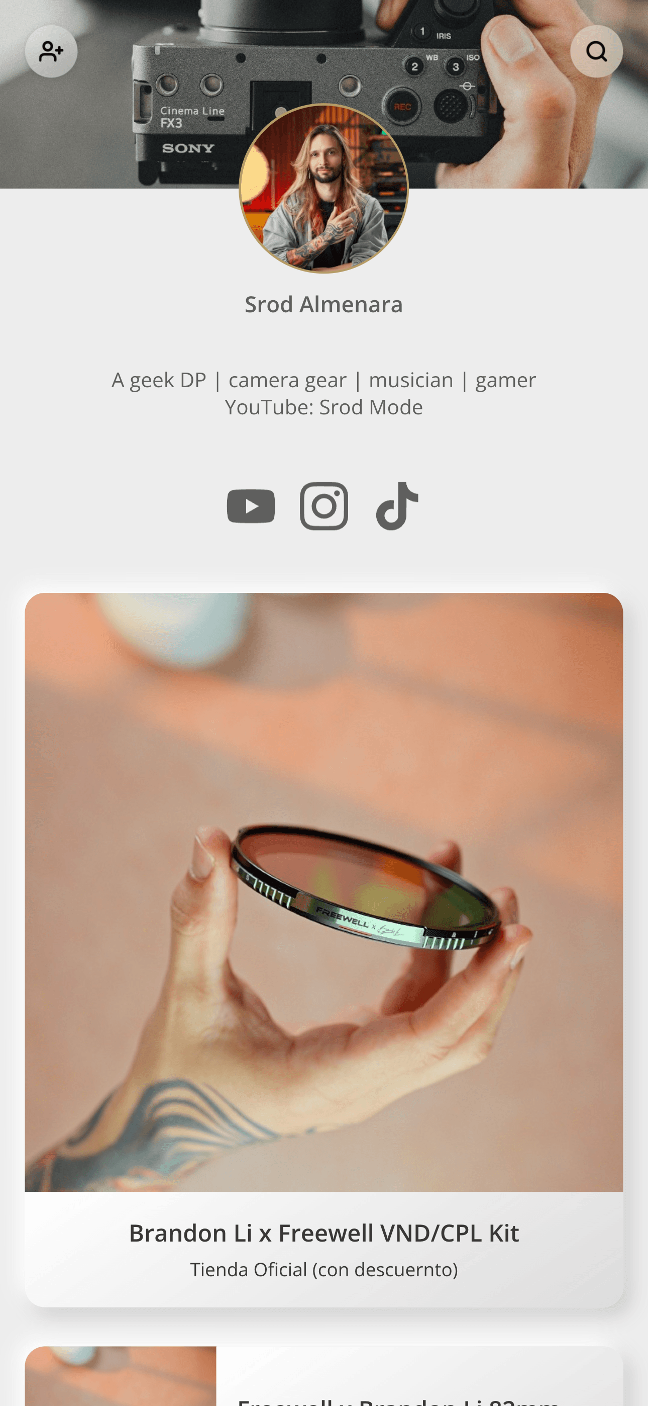 A finished creator page for a filmmaker, with gear blocks and shop links